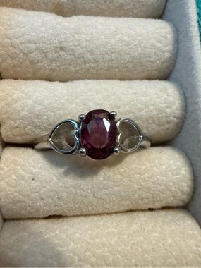 Sterling Silver Heart Ring with Deep Red Oval Gem